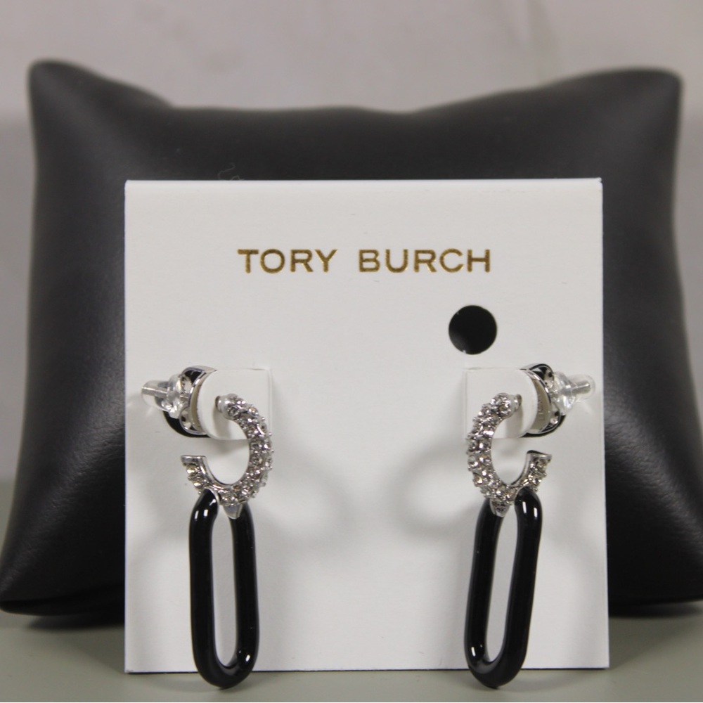 Tory Burch Black and Silver Loop Earrings